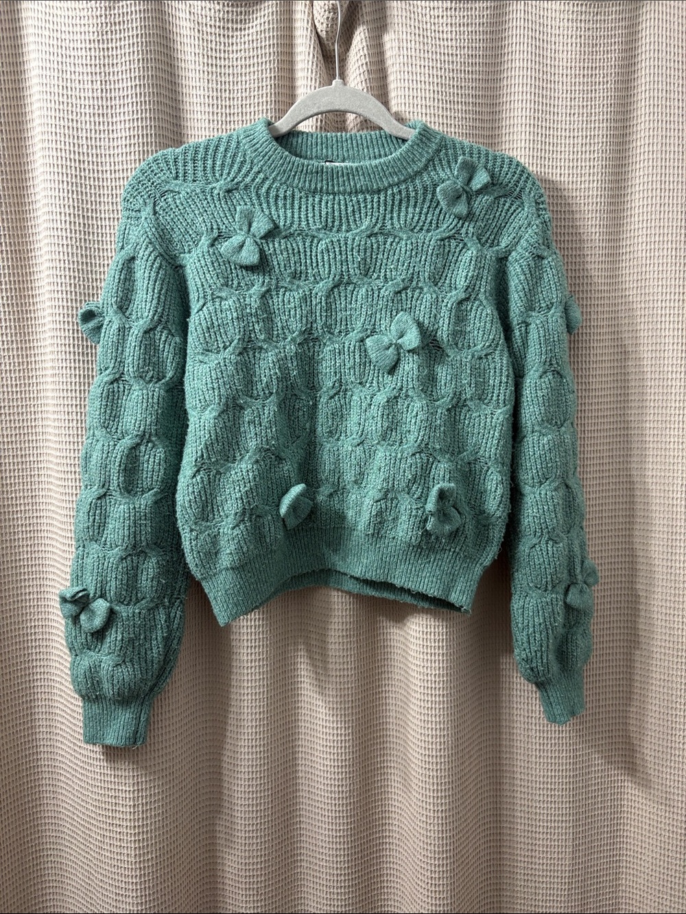 Zara Teal Textured Knit Sweater with Bow Accents